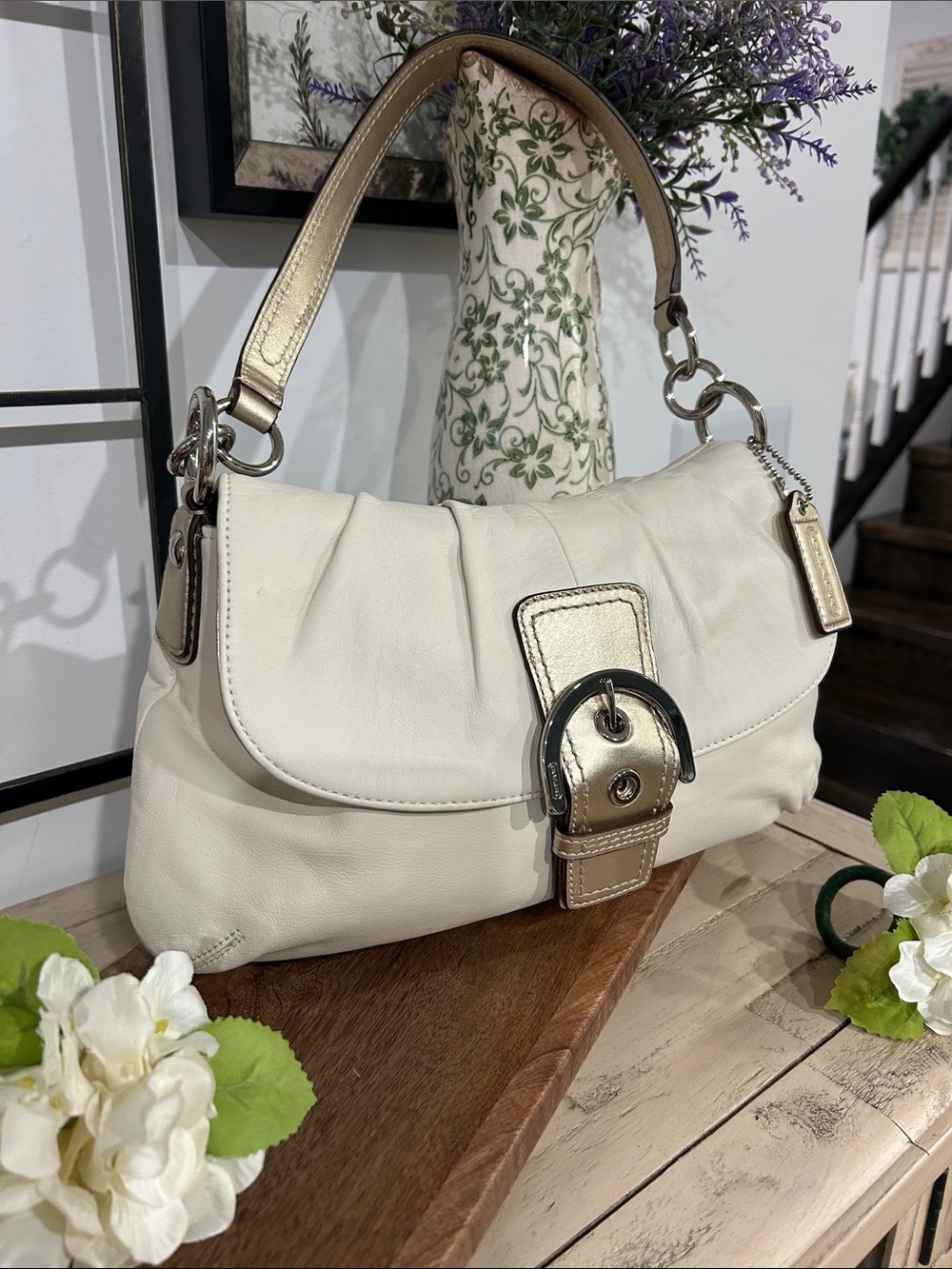 Coach Cream Shoulder Bag with Gold-Tone Hardware